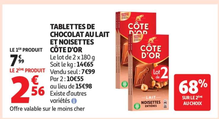 TABLETTES DE CHOCOLAT AU LAIT ET NOISETTES CÔTE D'OR