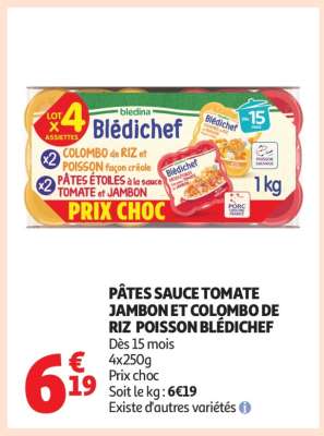 PÂTES SAUCE TOMATE JAMBON ET COLOMBO DE RIZ POISSON BLÉDICHEF