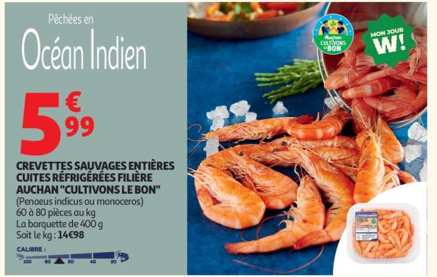 Crevettes Sauvages Entières Cuites Réfrigérées Filière Auchan "Cultivons Le Bon"