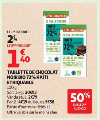 TABLETTE DE CHOCOLAT NOIR BIO 72% HAÏTI ETHIQUABLE