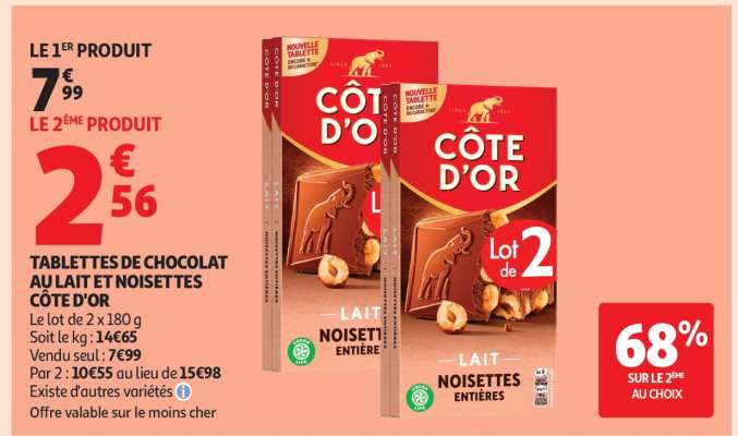 TABLETTES DE CHOCOLAT AU LAIT ET NOISETTES CÔTE D'OR
