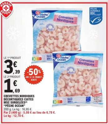 CREVETTES NORDIQUES DÉCORTIQUÉES CUITES MSC SURGELÉES “PÊCHE OCÉAN”