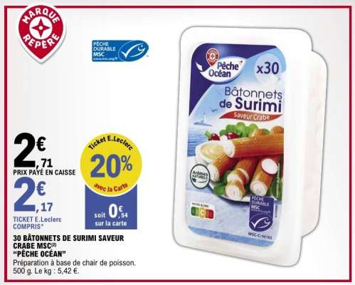 30 BÂTONNETS DE SURIMI SAVEUR CRABE MSC® "PÊCHÉ OCÉAN"