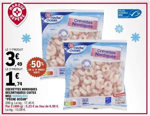 CREVETTES NORDIQUES DÉCORTIQUÉES CUITES MSC SURGELÉES “PÊCHE OCÉAN”