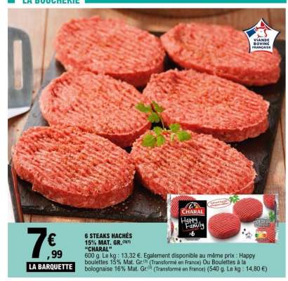 6 STEAKS HACHÉS 15% MAT. GR. 'CHARAL'