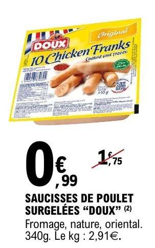 Saucisses de poulet surgelées 'Doux'