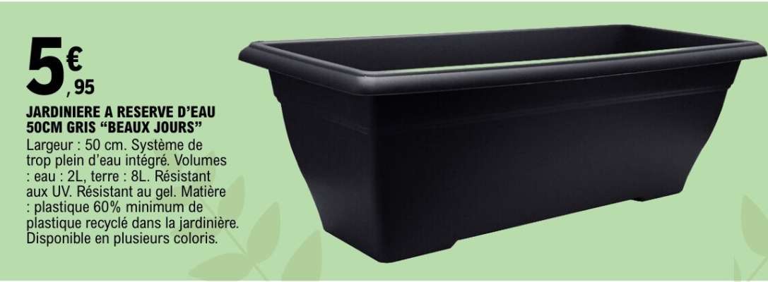 JARDINIERE A RESERVE D'EAU 50CM GRIS "BEAUX JOURS"
