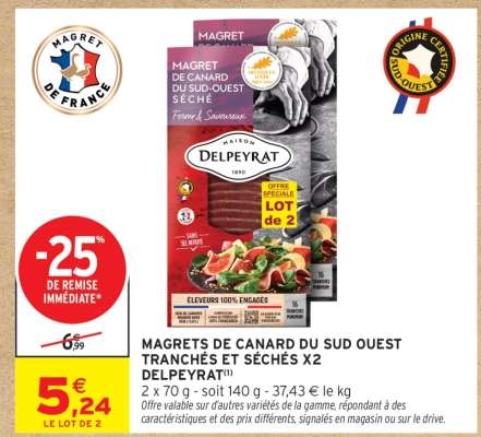 MAGRETS DE CANARD DU SUD OUEST TRANCHÉS ET SÉCHÉS X2 DELPEYRAT