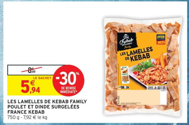 LES LAMELLES DE KEBAB FAMILY POULET ET DINDE SURGELÉES FRANCE KEBAB