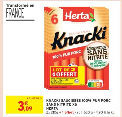 KNACKI SAUCISSES 100% PUR PORC SANS NITRITE X6 HERTA