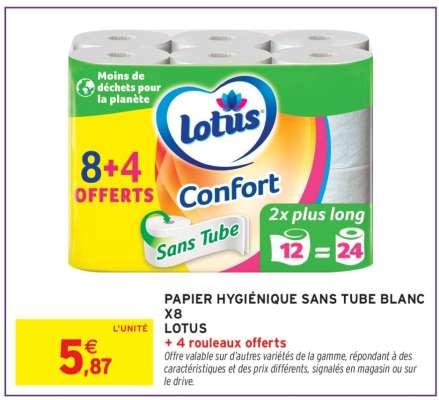 PAPIER HYGIÉNIQUE SANS TUBE BLANC X8 LOTUS