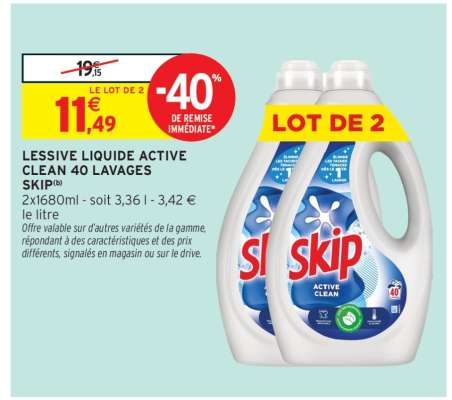 LESSIVE LIQUIDE ACTIVE CLEAN 40 LAVAGES SKIP