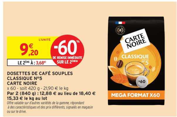 DOSETTES DE CAFÉ SOUPLES CLASSIQUE N°5 CARTE NOIRE