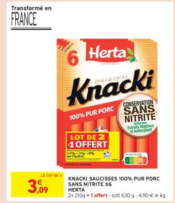 KNACKI SAUCISSES 100% PUR PORC SANS NITRITE X6 HERTA