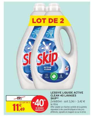 LESSIVE LIQUIDE ACTIVE CLEAN 40 LAVAGES SKIP