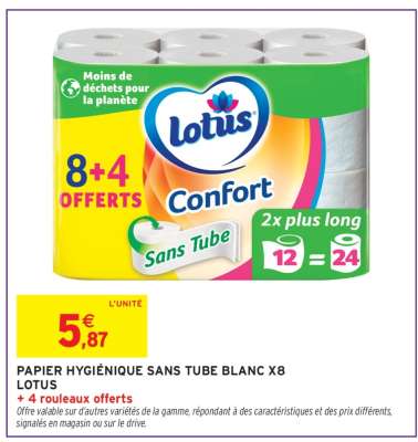 PAPIER HYGIÉNIQUE SANS TUBE BLANC X8 LOTUS