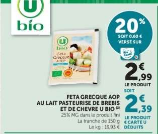 Feta Grecque AOP au lait pasteurisé de brebis et de chèvre U Bio