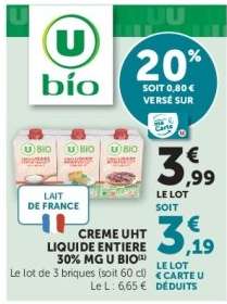 CREME UHT LIQUIDE ENTIERE 30% MG U BIO