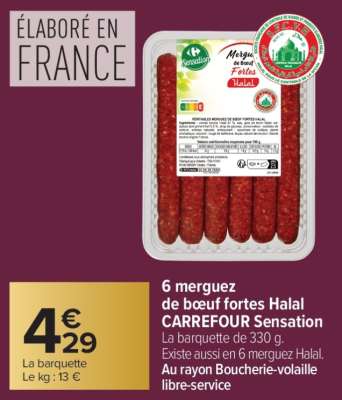 6 merguez de bœuf fortes Halal CARREFOUR Sensation