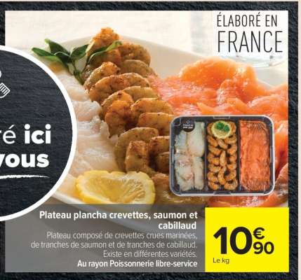 Plateau plancha crevettes, saumon et cabillaud
