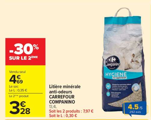 Litière minérale anti-odeurs CARREFOUR COMPANINO