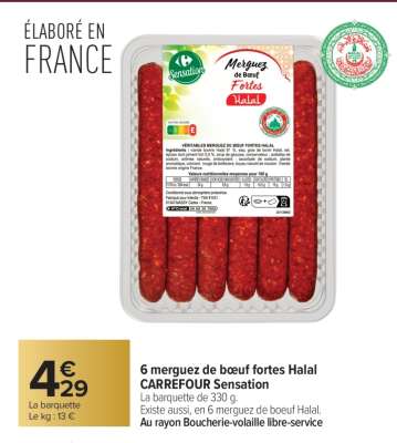 6 merguez de bœuf fortes Halal CARREFOUR Sensation