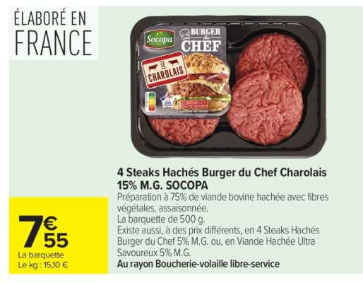 4 Steaks Hachés Burger du Chef Charolais 15% M.G. SOCOPA