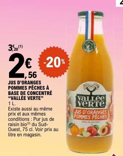 JUS D’ORANGES POMMES PÊCHES À BASE DE CONCENTRÉ “VALLÉE VERTE”