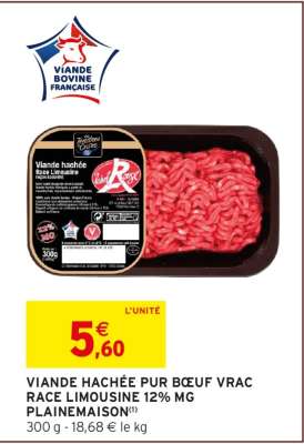 VIANDE HACHÉE PUR BŒUF VRAC RACE LIMOUSINE 12% MG PLAINEMAISON
