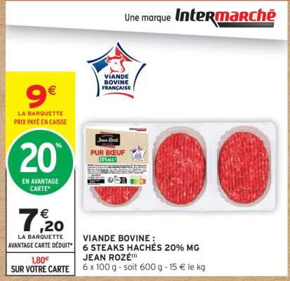 VIANDE BOVINE : 6 STEAKS HACHÉS 20% MG JEAN ROZÉ