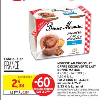 MOUSSE AU CHOCOLAT OFFRE DÉCOUVERTE LAIT BONNE MAMAN