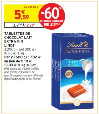 Tablettes De Chocolat Lait Extra Fin Lindt