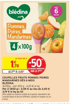 COUPELLES FRUITS POMMES POIRES MANDARINES DÈS 6 MOIS BLÉDINA