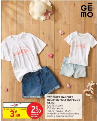 TEE SHIRT MANCHES COURTES FILLE OU FEMME GEMO