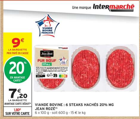 VIANDE BOVINE : 6 STEAKS HACHÉS 20% MG JEAN ROZÉ