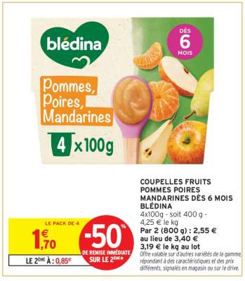 COUPELLES FRUITS POMMES POIRES MANDARINES DÈS 6 MOIS BLÉDINA