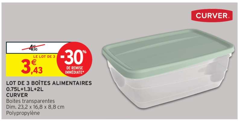 Lot de 3 boîtes alimentaires 0.75L+1.3L+2L CURVER