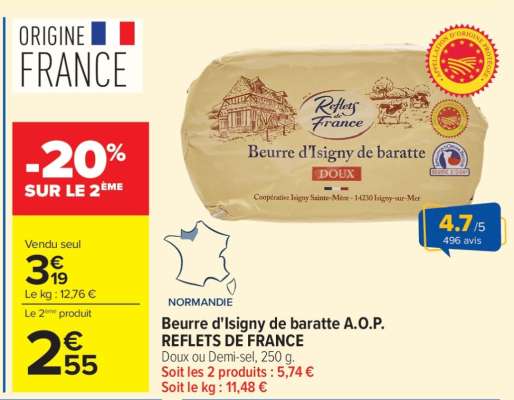 Beurre d'Isigny de baratte A.O.P. REFLETS DE FRANCE