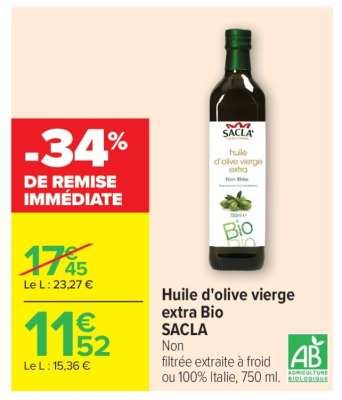 Huile d'olive vierge extra Bio SACLA