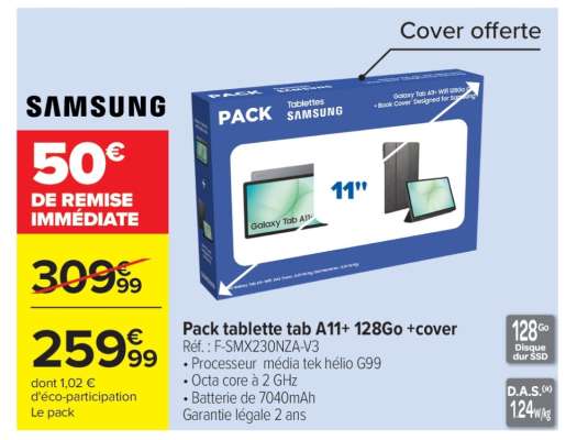 Pack tablette tab A11+ 128Go + cover