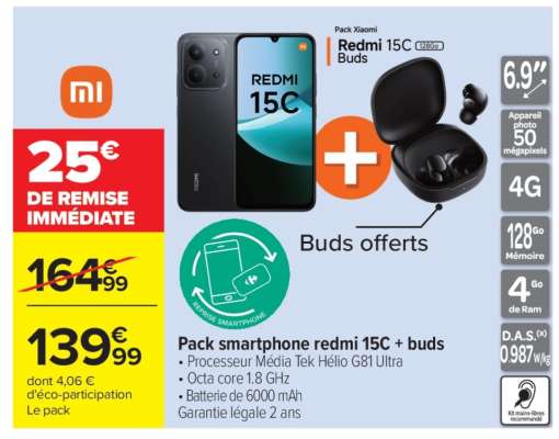 Pack smartphone redmi 15C + buds
