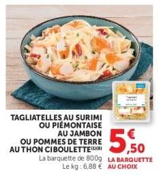 Tagliatelles au surimi ou piémontaise au jambon ou pommes de terre au thon ciboulette