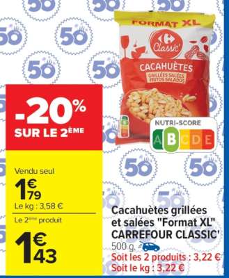 Cacahuètes grillées et salées "Format XL" CARREFOUR CLASSIC