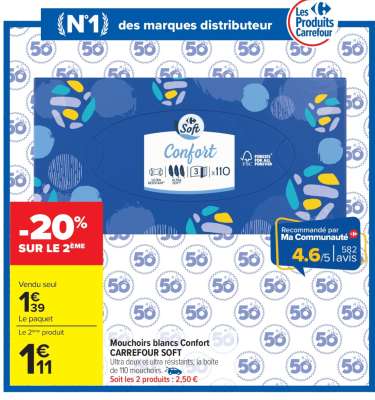 Mouchoirs blancs Confort CARREFOUR SOFT