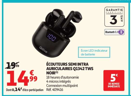 ÉCOUTEURS SEMI INTRA AURICULAIRES Q1342 TWS NOIR