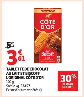 TABLETTE DE CHOCOLAT AU LAIT ET BISCOFF L'ORIGINAL CÔTE D'OR