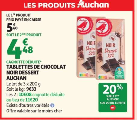 TABLETTES DE CHOCOLAT NOIR DESSERT AUCHAN