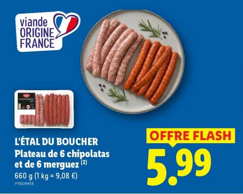 L'ÉTAL DU BOUCHER Plateau de 6 chipolatas et de 6 merguez