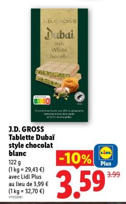 J.D. GROSS Tablette Dubaï style chocolat blanc