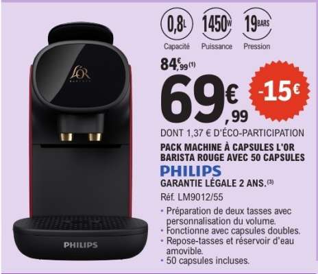 PACK MACHINE À CAPSULES L'OR BARISTA ROUGE AVEC 50 CAPSULES PHILIPS